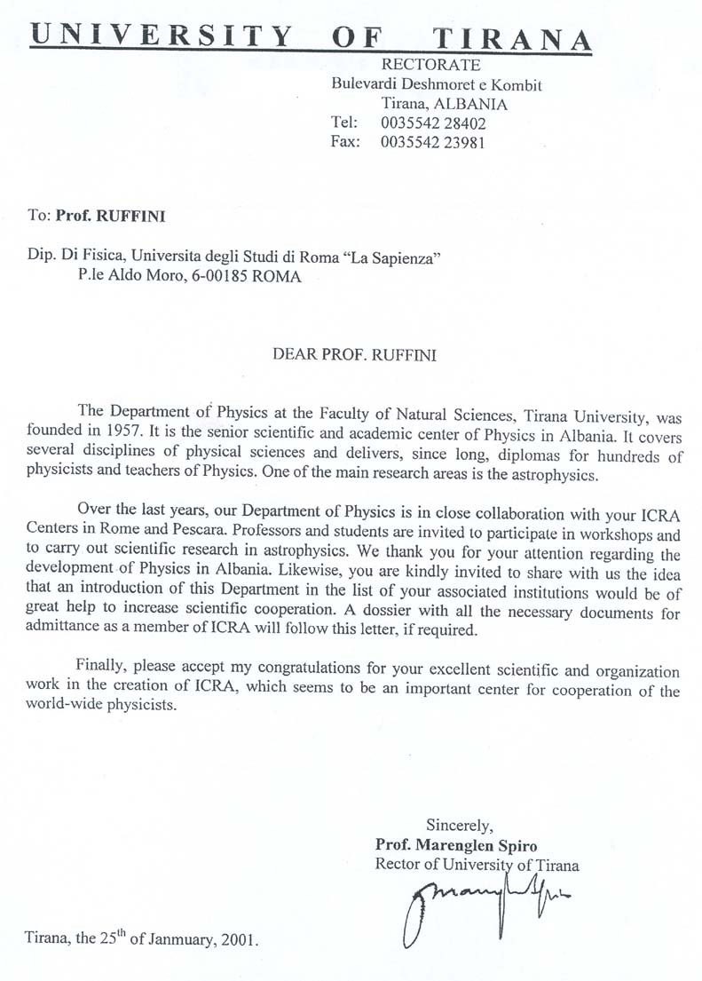 University of Tirana (Albania) agreement 1