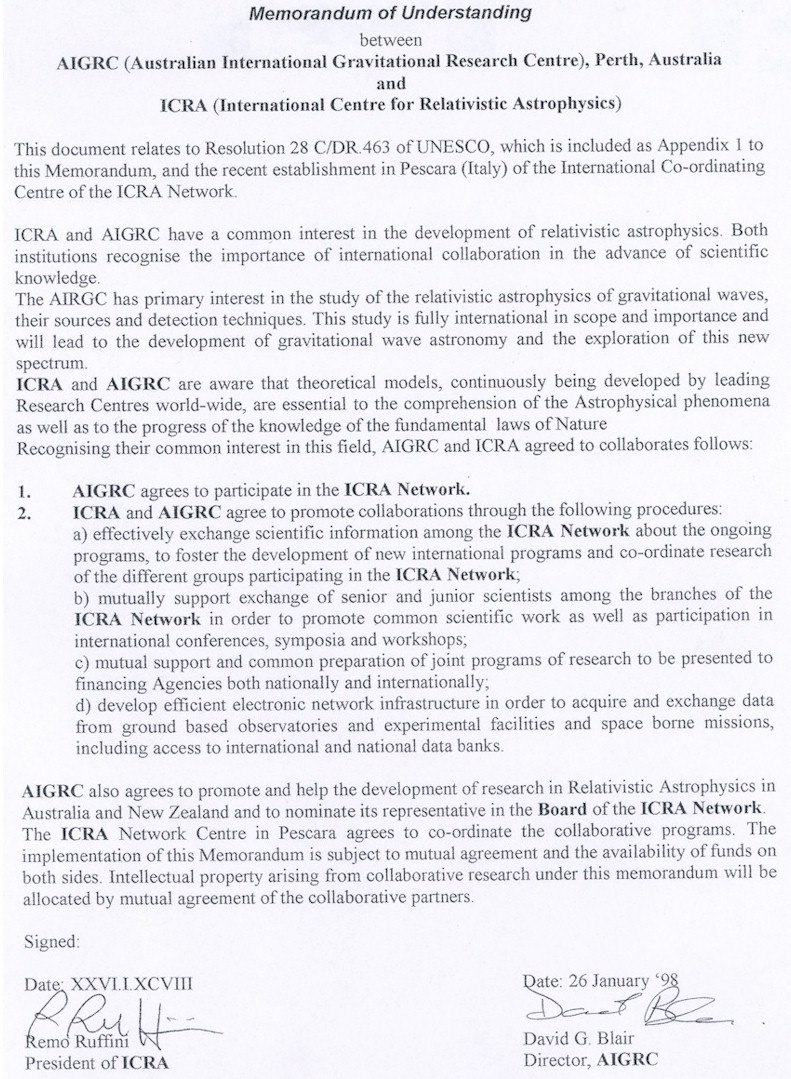Australian International Gravitational Research Centre (AIGRC, University of Western Australia) agreement 1