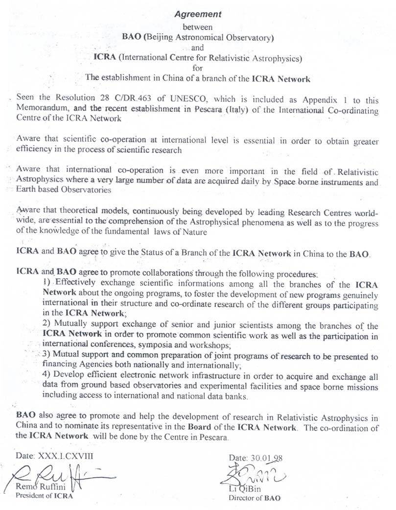 Beijing Astronomical Observatory (BAO, China) agreement 1