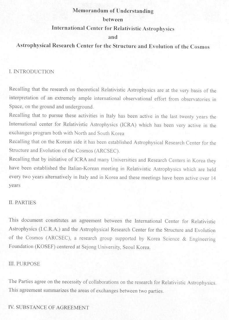 Astrophysical Research Center for the Structure and Evolution of the Cosmos (ARCSEC, Sejong University, Korea) agreement 1