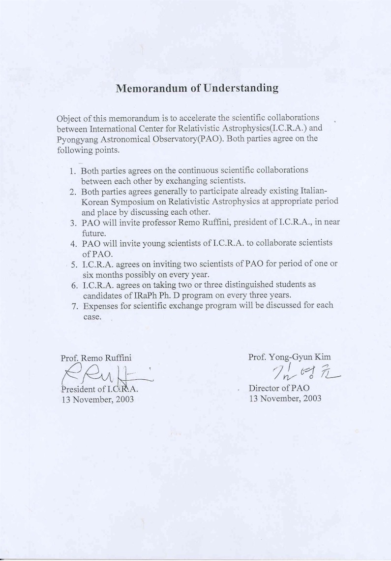 Pyongyang Astronomical Observatory (PAO, Korea) agreement 1